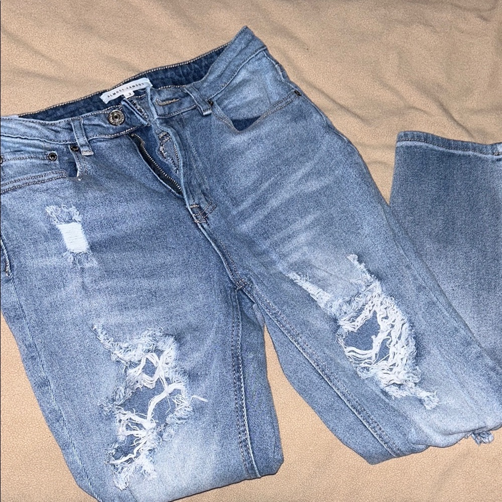 Almost Famous Blue Boyfriend Jeans with Worn-In Distressing